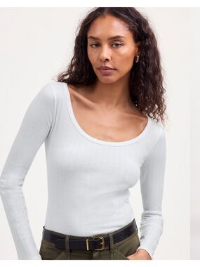 Madewell White Ribbed Scoop-Neck Long Sleeve Top